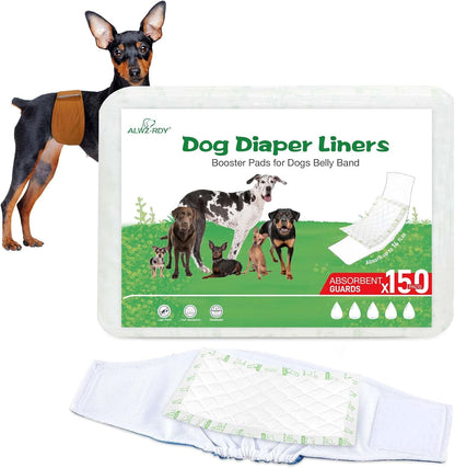 VoagLuk ALWZ-RDY dog diaper liners 150 count box package front view showing high absorbency features.