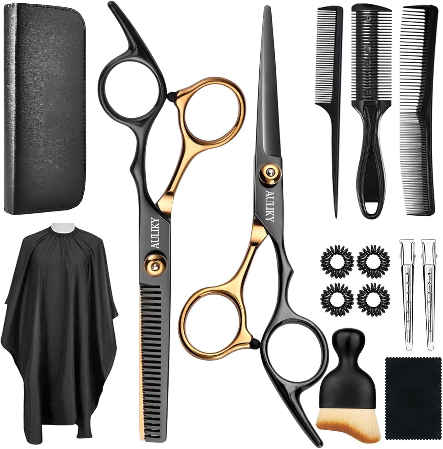 AULikY professional hair cutting scissors kit front view showing complete fifteen piece hairdressing set