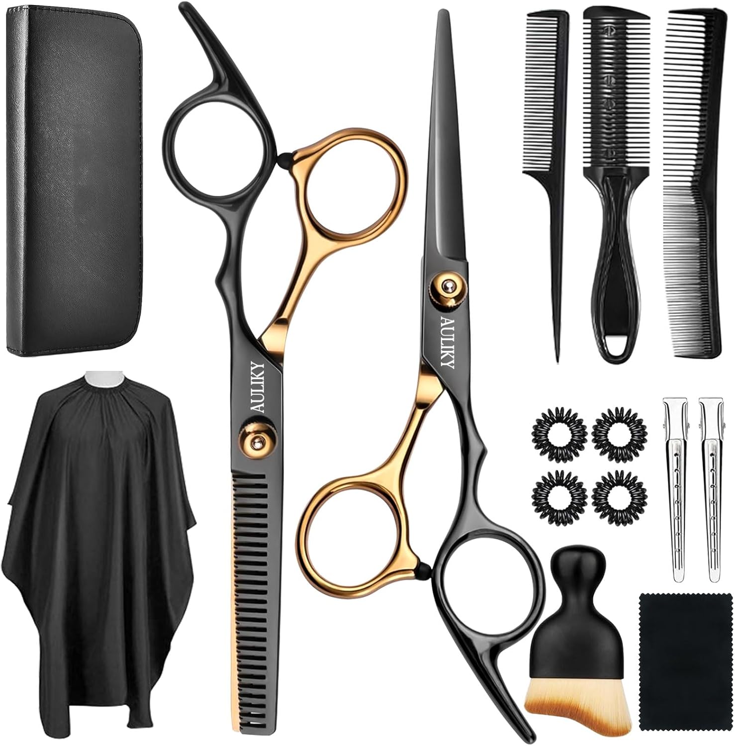 AULikY professional hair cutting scissors kit front view showing complete fifteen piece hairdressing set