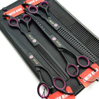 Smithking Professional Dog Grooming Scissors Set front view showing four matte black shears and steel comb