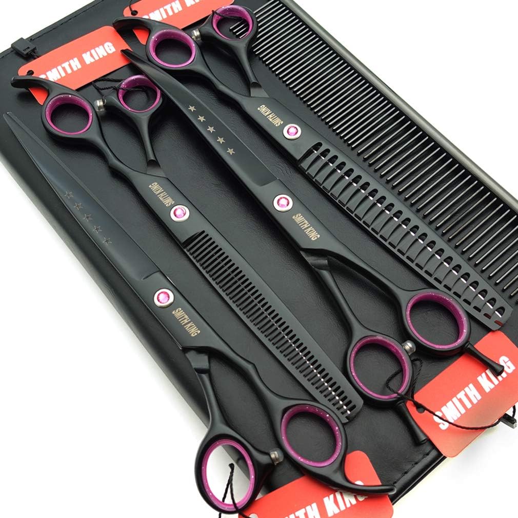 Smithking Professional Dog Grooming Scissors Set front view showing four matte black shears and steel comb