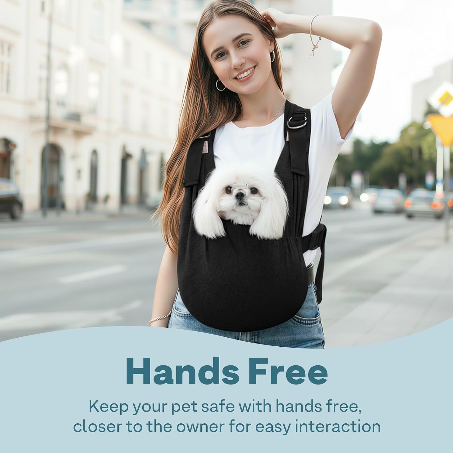 Supet puppy carrier showing safety clip and harness attachment