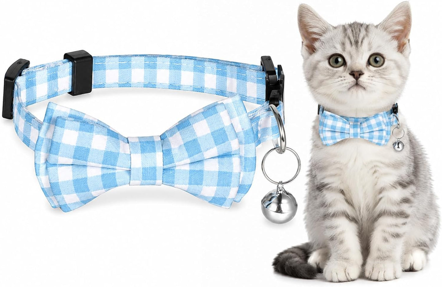 Sliverdew cat bowtie collar blue front view showing the adjustable strap and buckle.