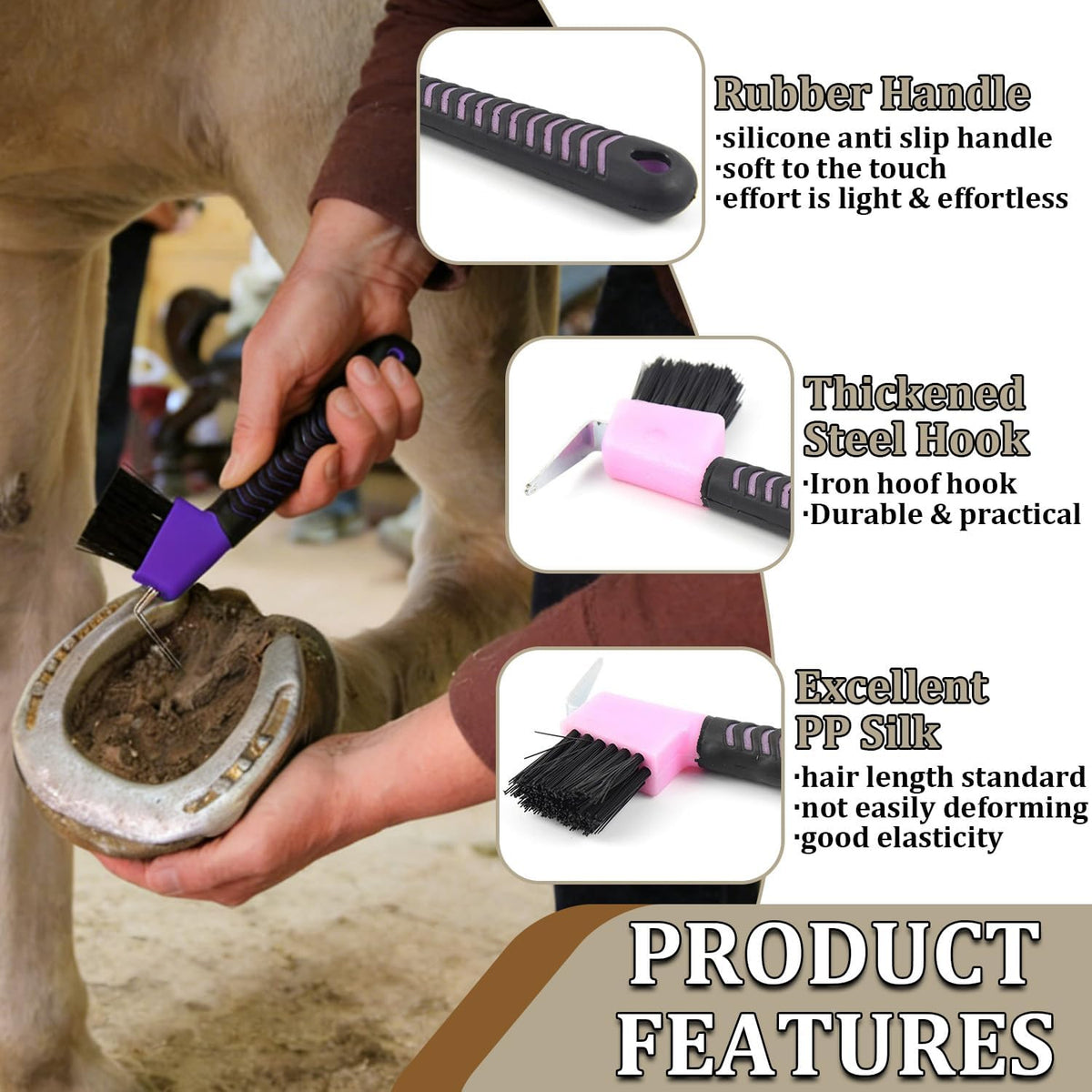 Ergonomic non slip handle horse hoof cleaning brush