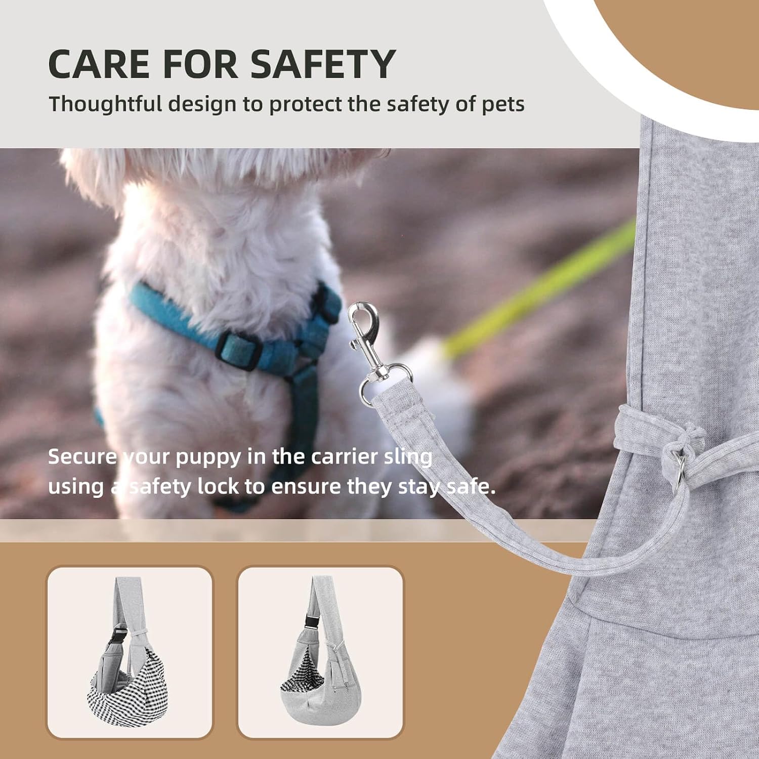 Interior view of Riuja puppy sling showing safety collar hook