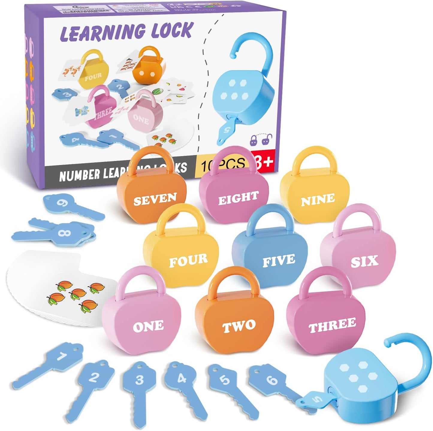YYDeek Locks and Keys toddler toy front view showcasing colorful apple shaped locks for number counting