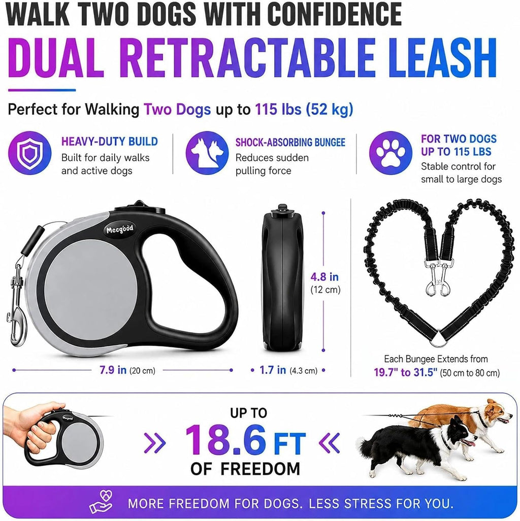 Meegood dual dog leash showing the 360 degree swivel clasp