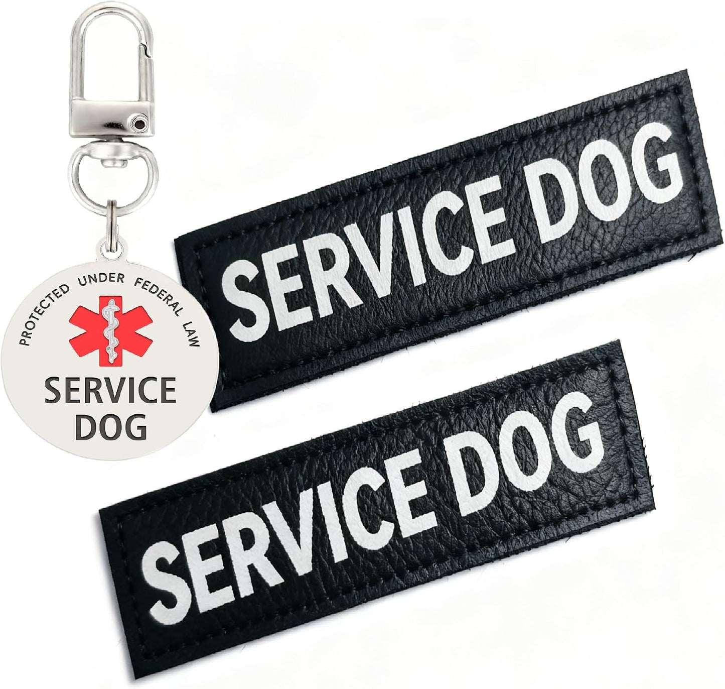 MYDEERYOO service dog patches showing the front view of the black embroidered labels.