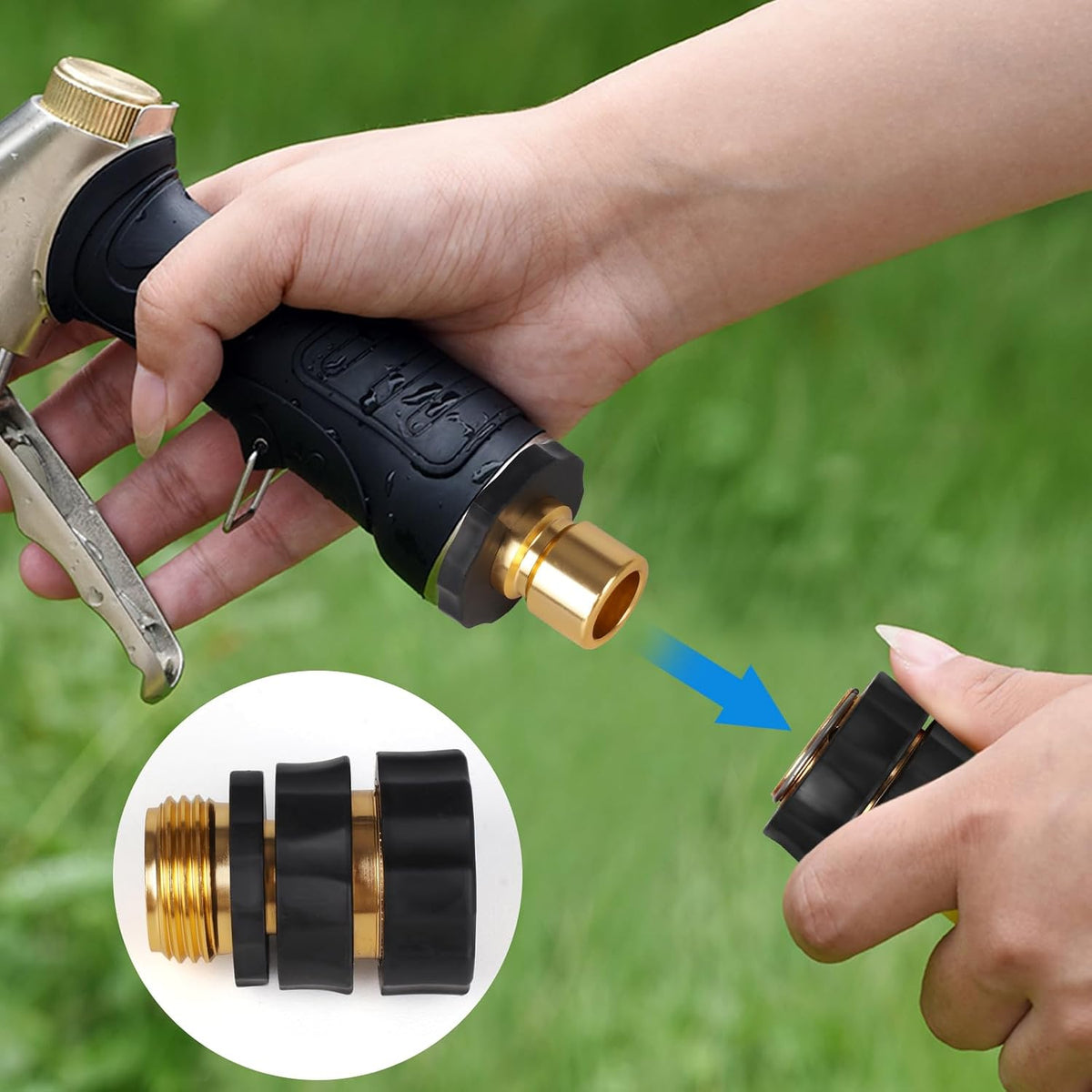 Premium metal hose connectors showing the internal high quality rubber washers for water conservation.