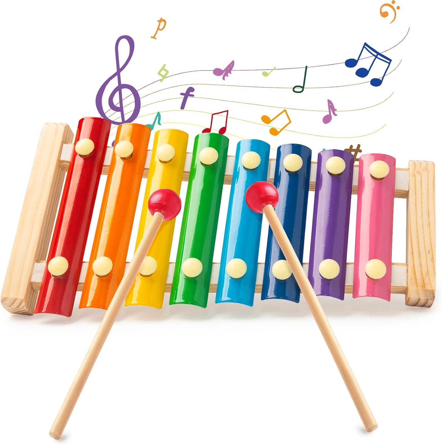 LovesTown Wooden Xylophone showing the eight rainbow colored keys from a front angle view.