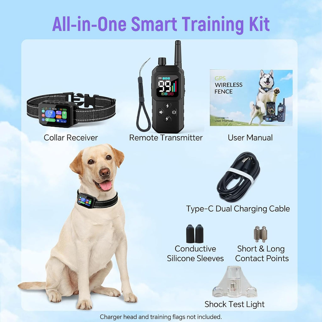 Aweec wireless fence system packaging contents including the black collar, remote charger, and accessories.