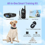 Aweec wireless fence system packaging contents including the black collar, remote charger, and accessories.