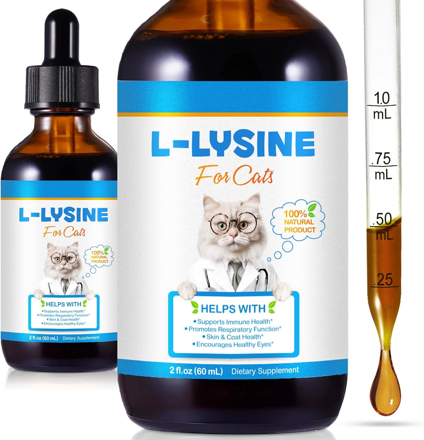 Onznoz L-Lysine liquid supplement for cats front view package showcasing immune and respiratory health benefits.