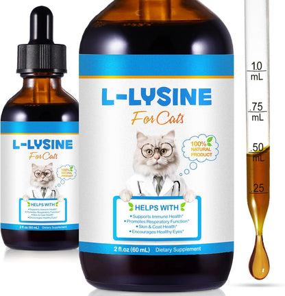 Onznoz L-Lysine liquid supplement for cats front view package showcasing immune and respiratory health benefits.