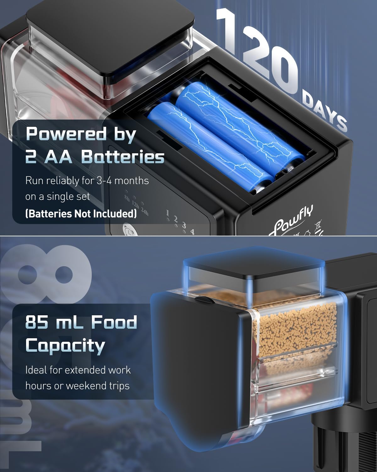 Pawfly programmable aquarium feeder side view illustrating compact design for tanks.