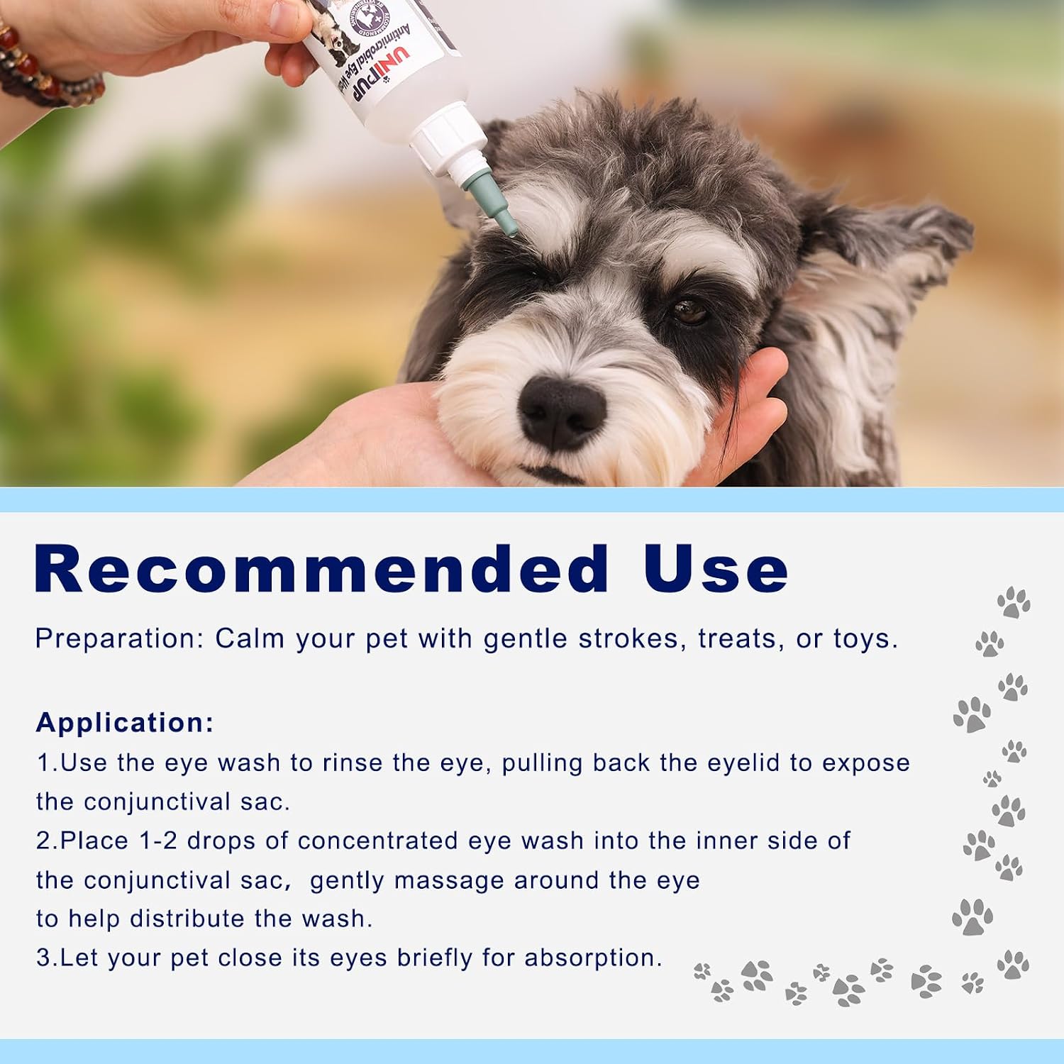 Two step pet ocular hygiene kit package detailing ingredients and instructions