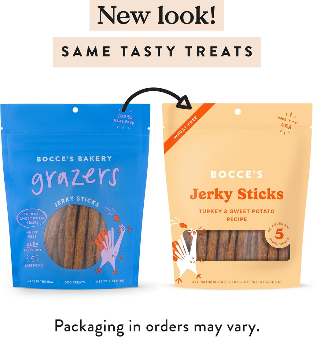 Bocce's Bakery dog treats packaging showing jerky stick texture