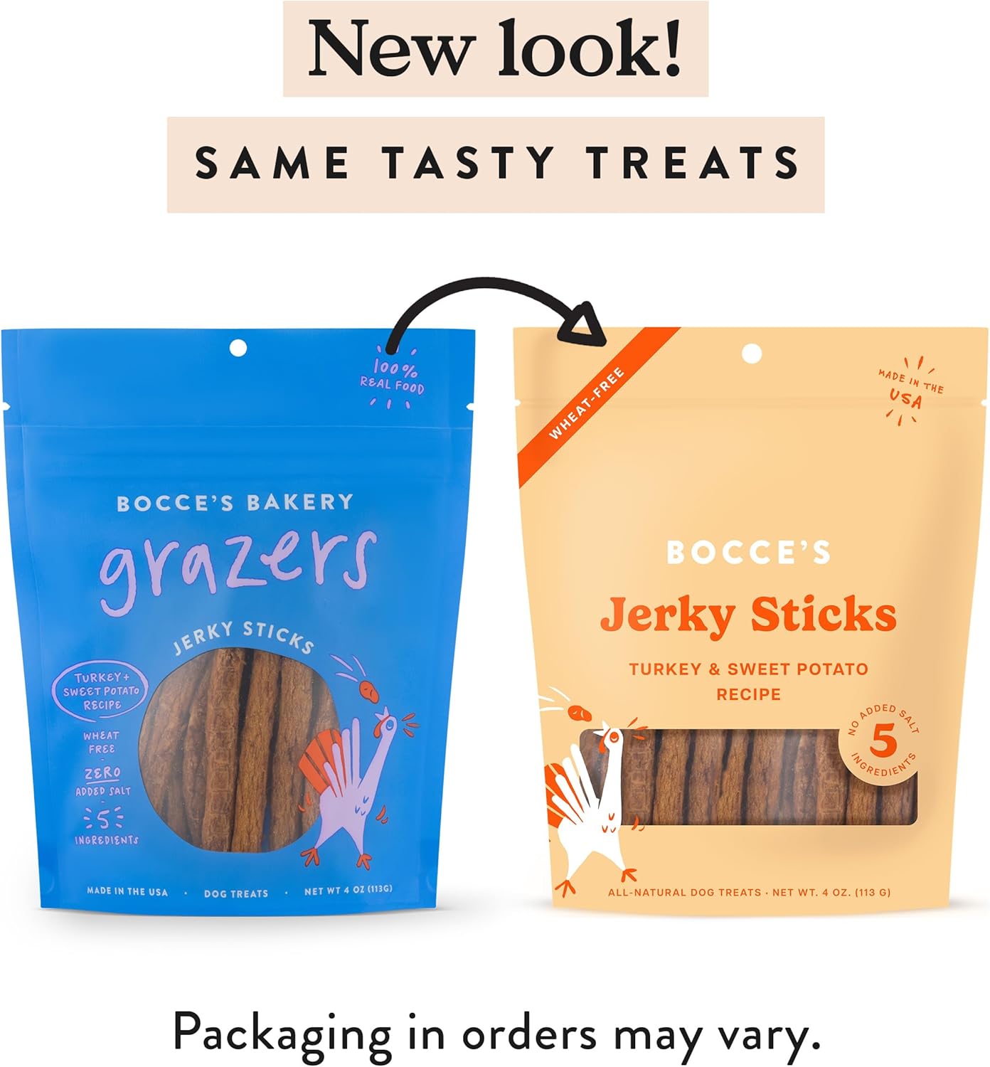 Bocce's Bakery dog treats packaging showing jerky stick texture