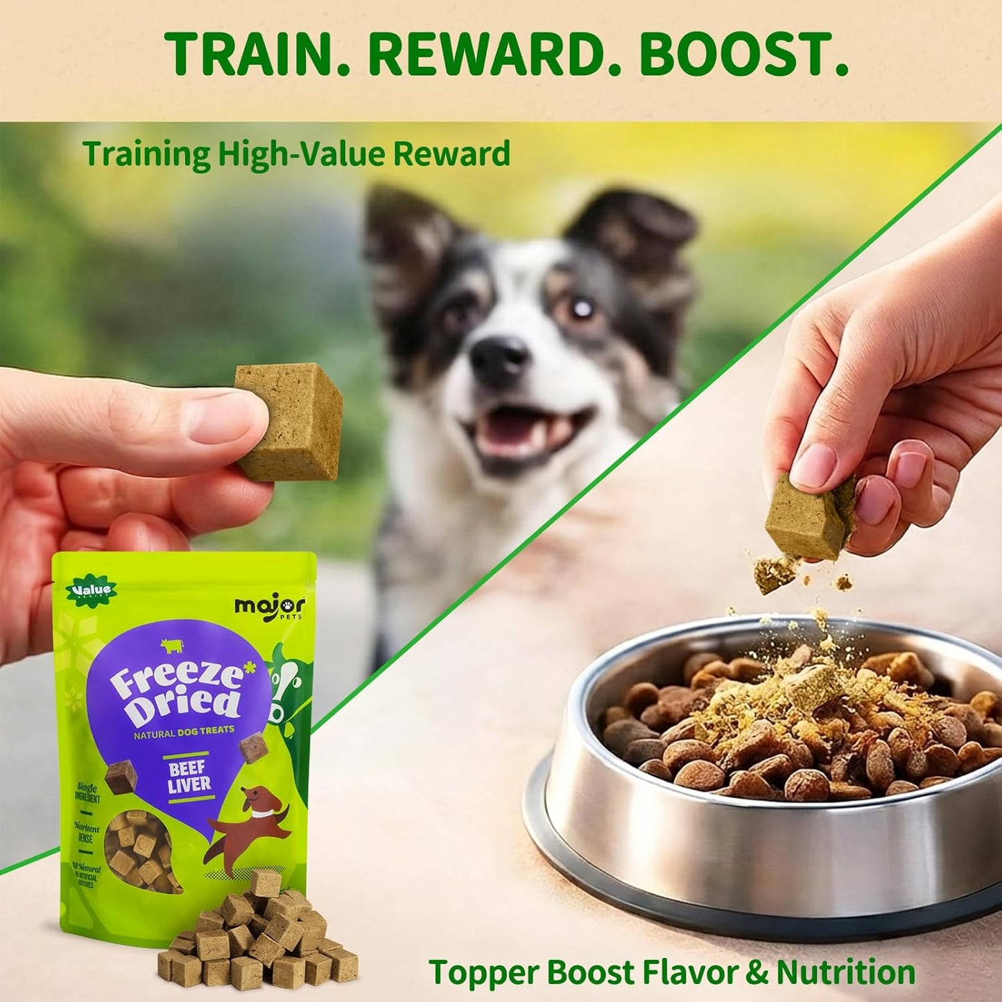 Premium grain free beef liver dog rewards container being opened to reveal single ingredient treats