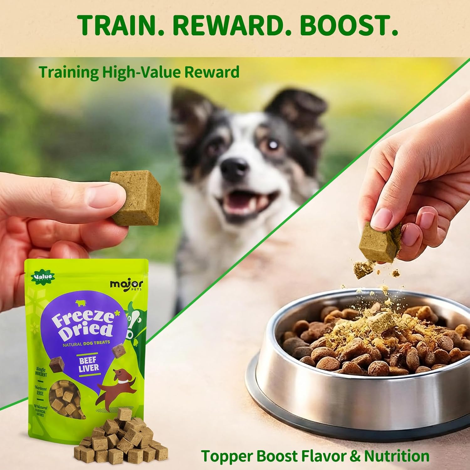 Premium grain free beef liver dog rewards container being opened to reveal single ingredient treats