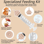 Orphaned animal nursing kit with screw-top syringes and reusable silicone teats.