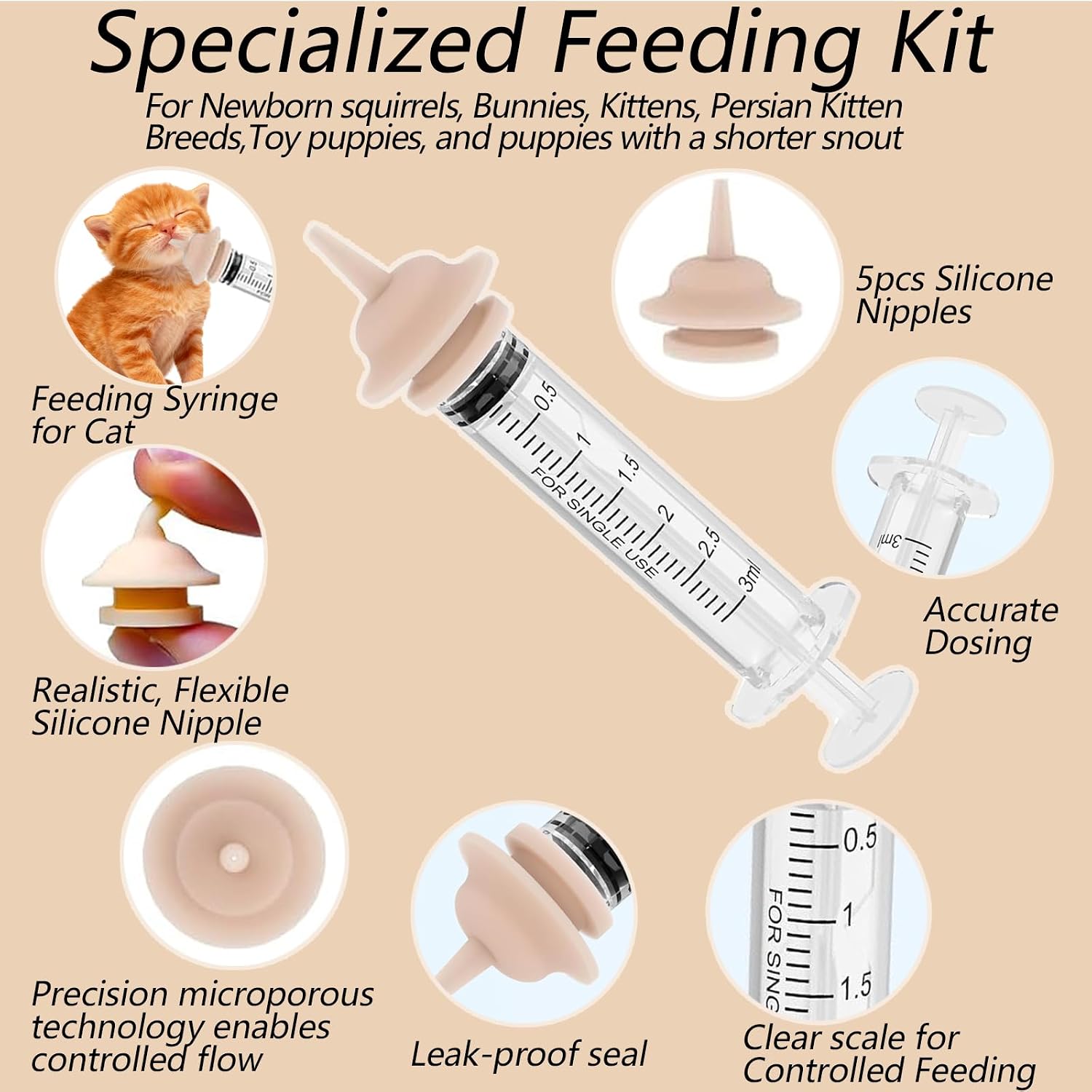 Orphaned animal nursing kit with screw-top syringes and reusable silicone teats.