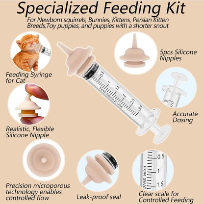 Orphaned animal nursing kit with screw-top syringes and reusable silicone teats.