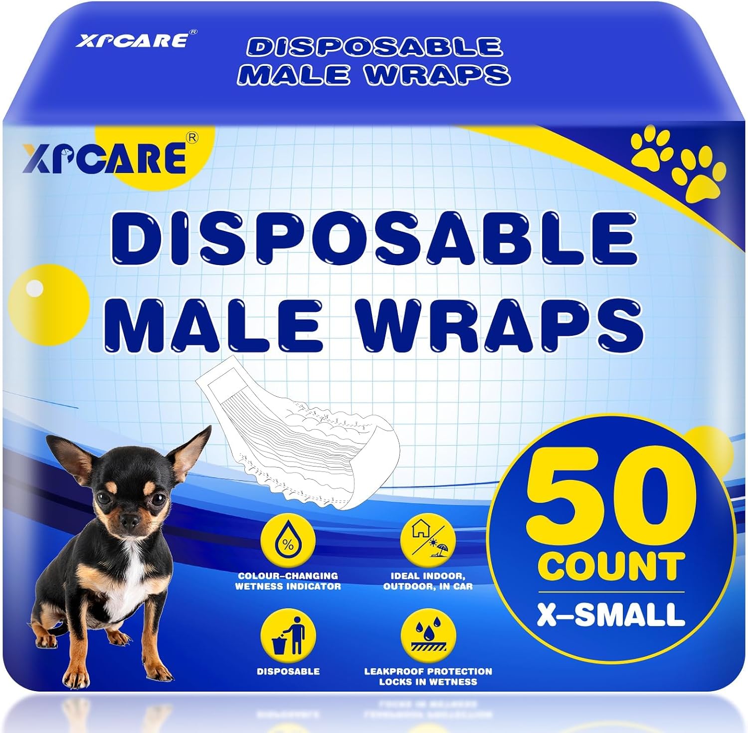 A pack of fifty XPCARE male dog wraps demonstrating its compact size for easy travel and storage.