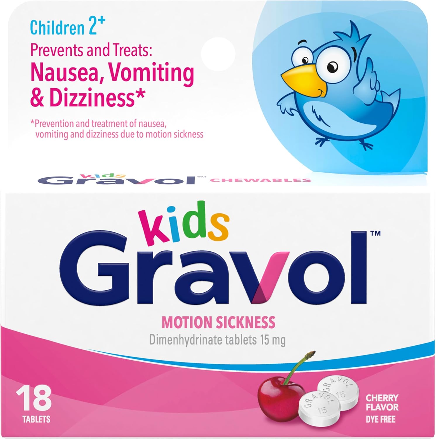 Gravol Kids Chewable Tablets front packaging displaying cherry flavor and dye-free benefits for motion sickness relief.