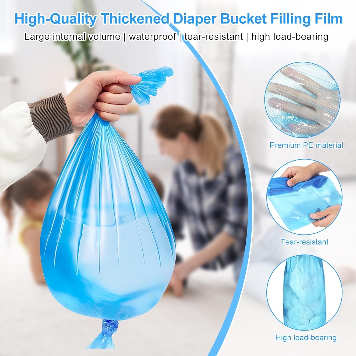 HUPIRCT pet waste disposal film roll demonstrating the pull and tie installation process inside a household trash container
