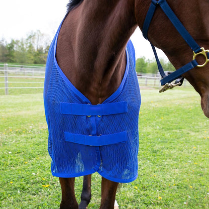 Side view of Country Pride blue mesh horse fly sheet highlighting the dual belly surcingles.