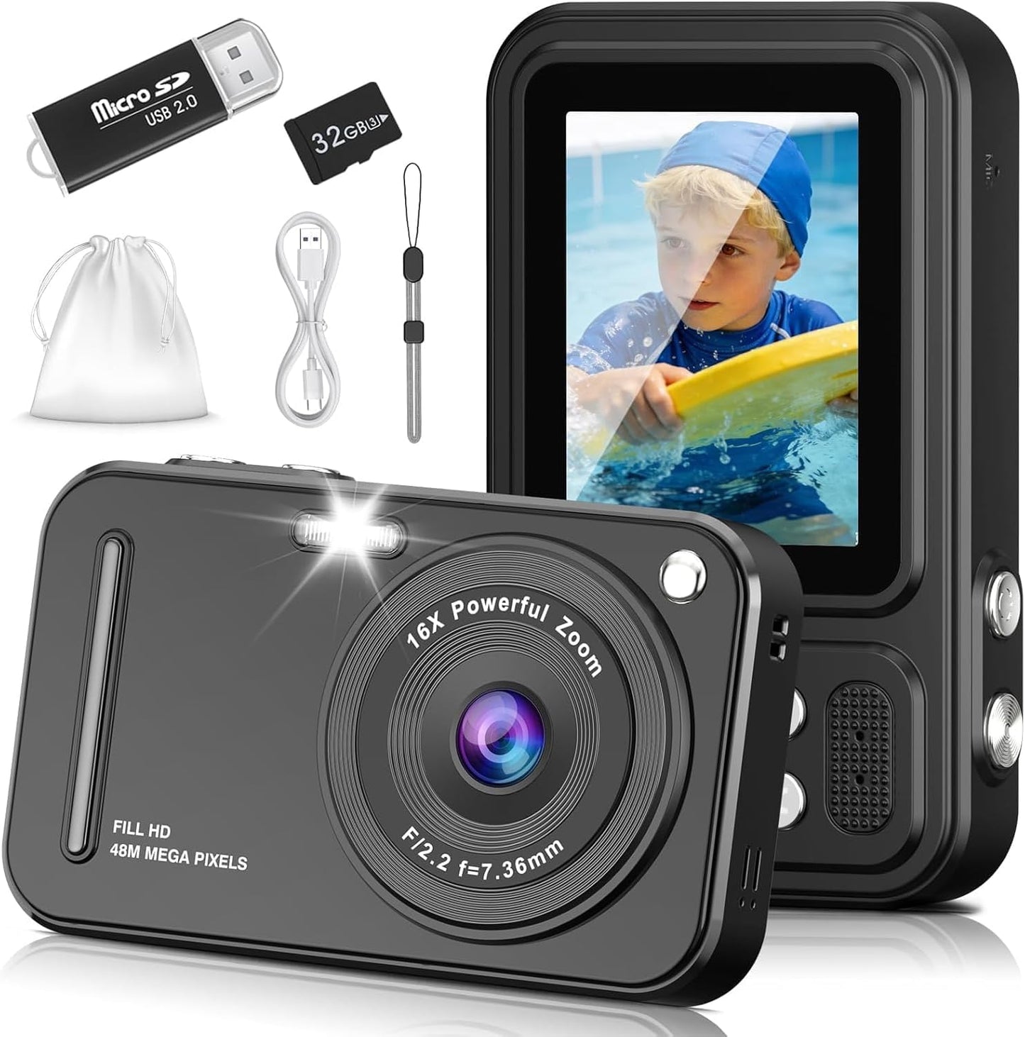 HILDCROA digital camera for kids front view showing lens and black compact body design