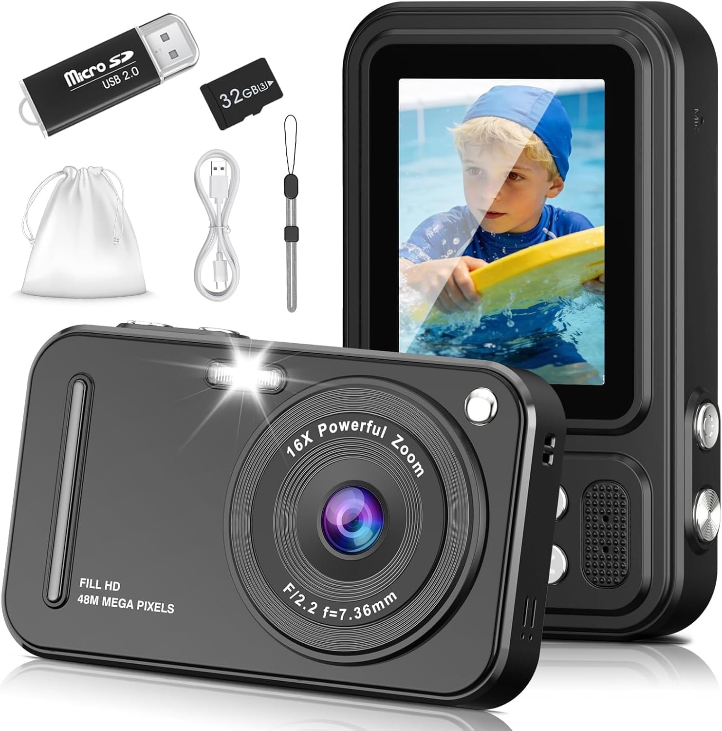 HILDCROA digital camera for kids front view showing lens and black compact body design
