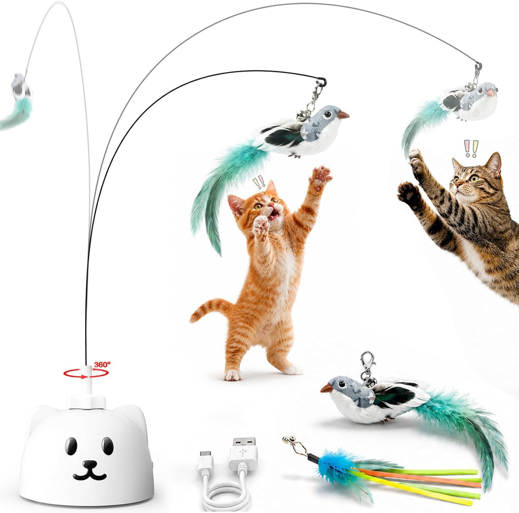 CATPICK interactive cat toy front view showing the rechargeable electric motor base and flying bird attachment.