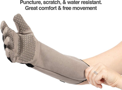 Grey pet handling glove with extended elbow protection for vet trips