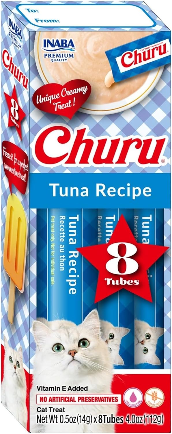 Four gift boxes of Inaba Churu cat treats side by side