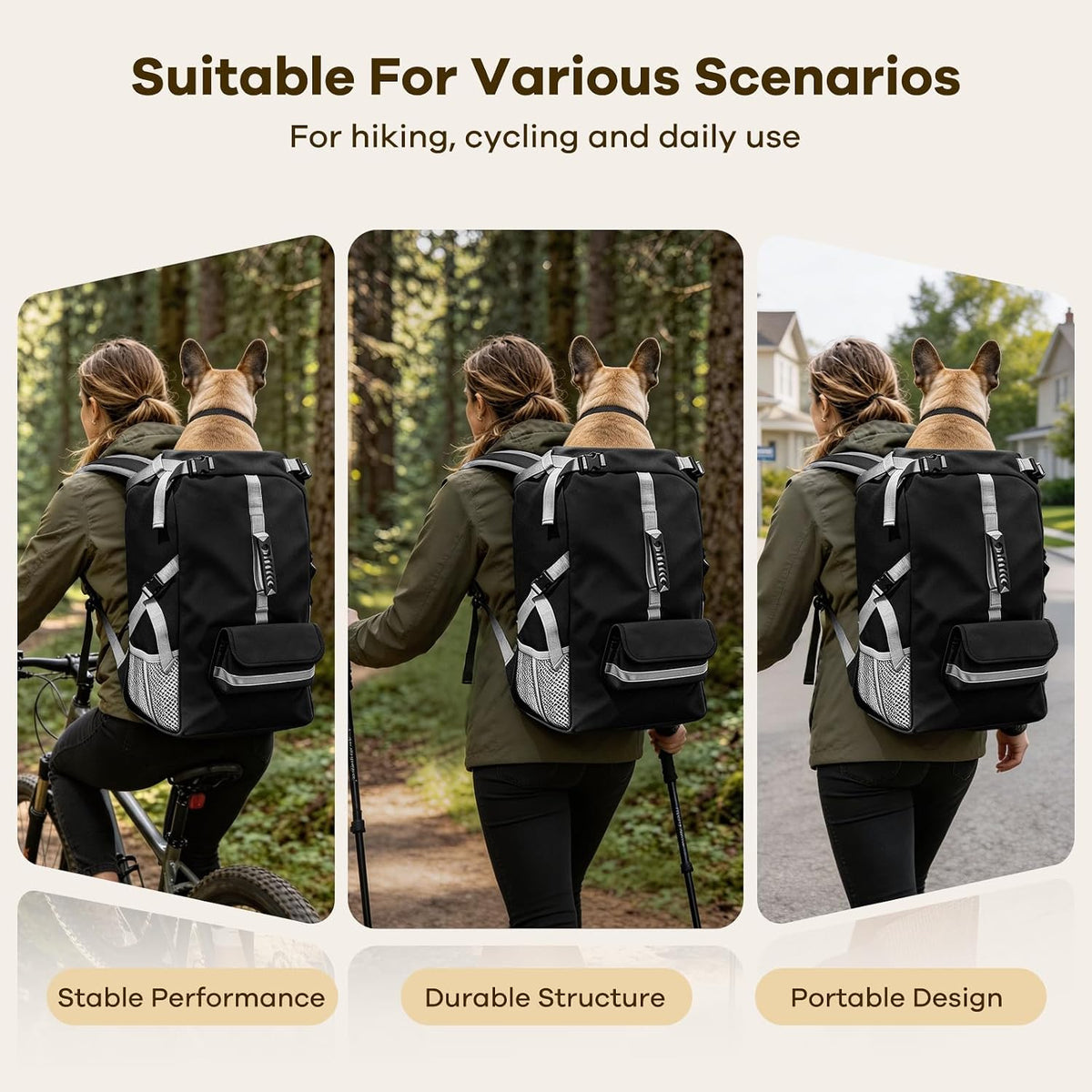 Adjustable neck and abdominal compression straps on the black ZIPOWEY pet backpack demonstrating snug fitting capabilities.