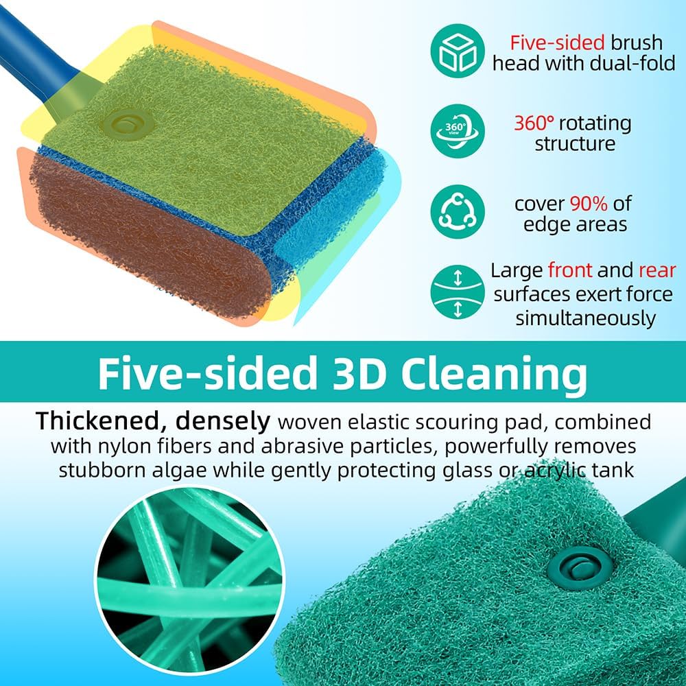 Long handle aquarium scrubber being used to clean glass corners.