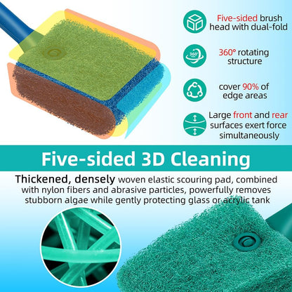 Long handle aquarium scrubber being used to clean glass corners.