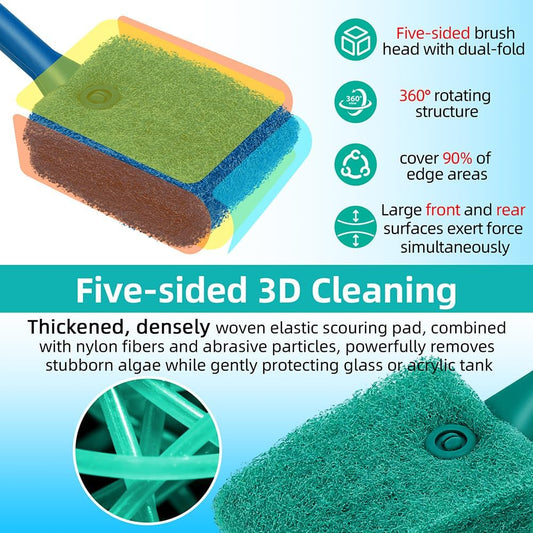 Long handle aquarium scrubber being used to clean glass corners.
