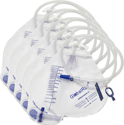 GlobalRoll Urinary Drainage Bag front view showing the two thousand milliliter volume markings and anti reflux chamber.