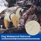 Full body dog rain jacket with four leg coverage and clear visor hood.
