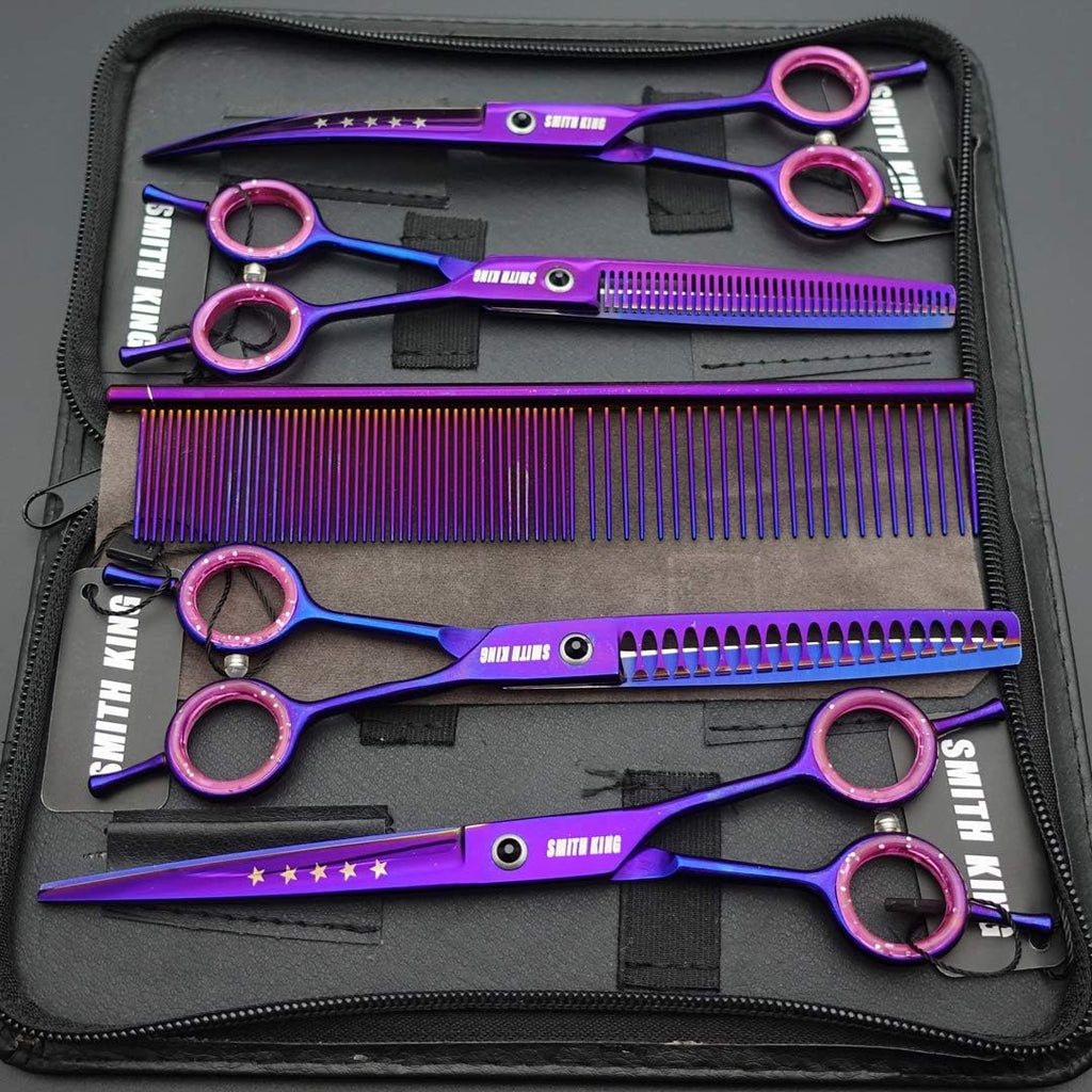 Premium 6CR stainless steel dog trimming shears set highlighting razor sharp blade edges