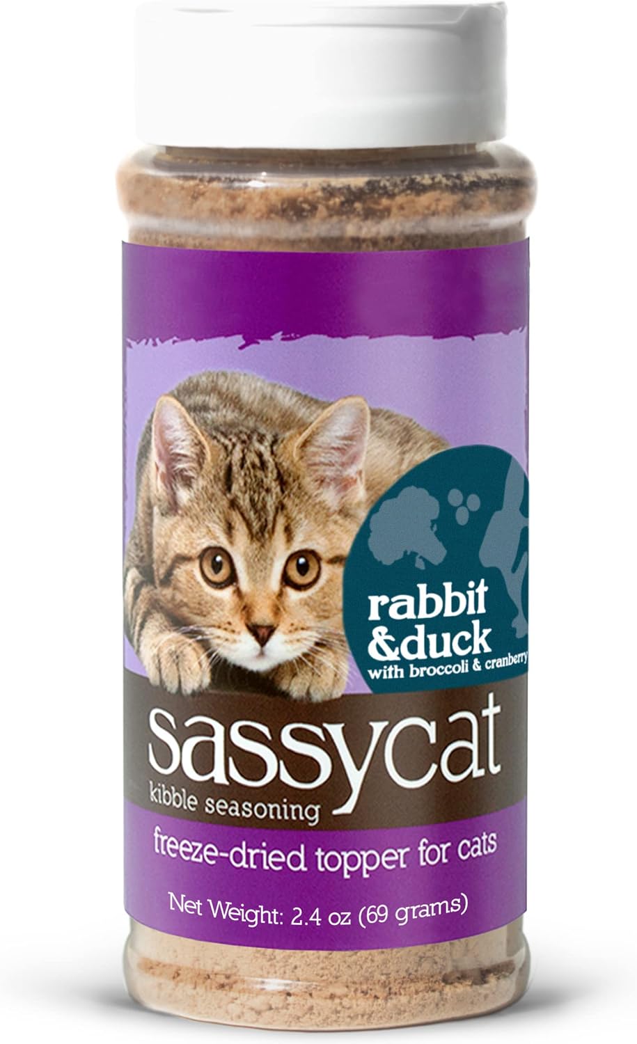 Herbsmith Sassy Cat Kibble Seasoning 2.6 ounces container side view