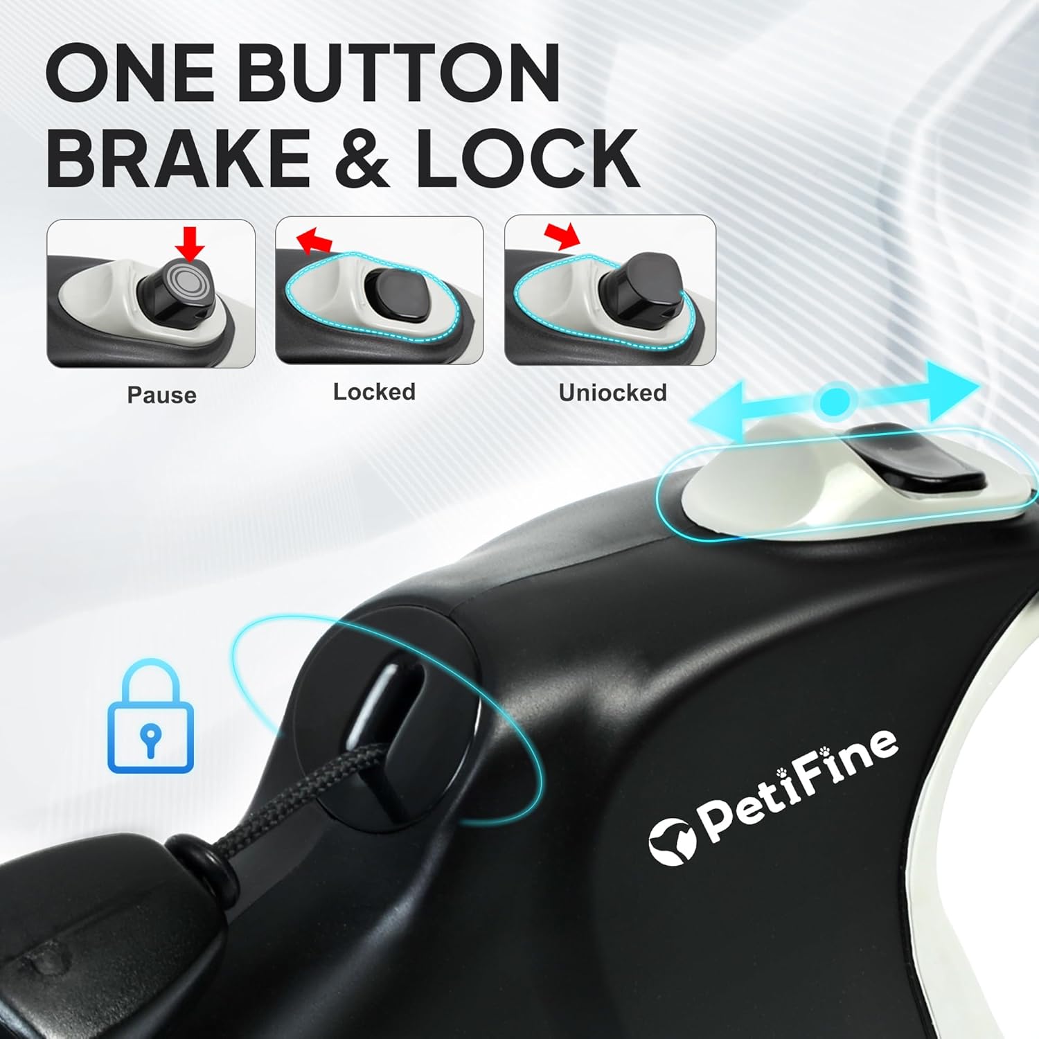 Bottom view of PetiFine leash showing brake button