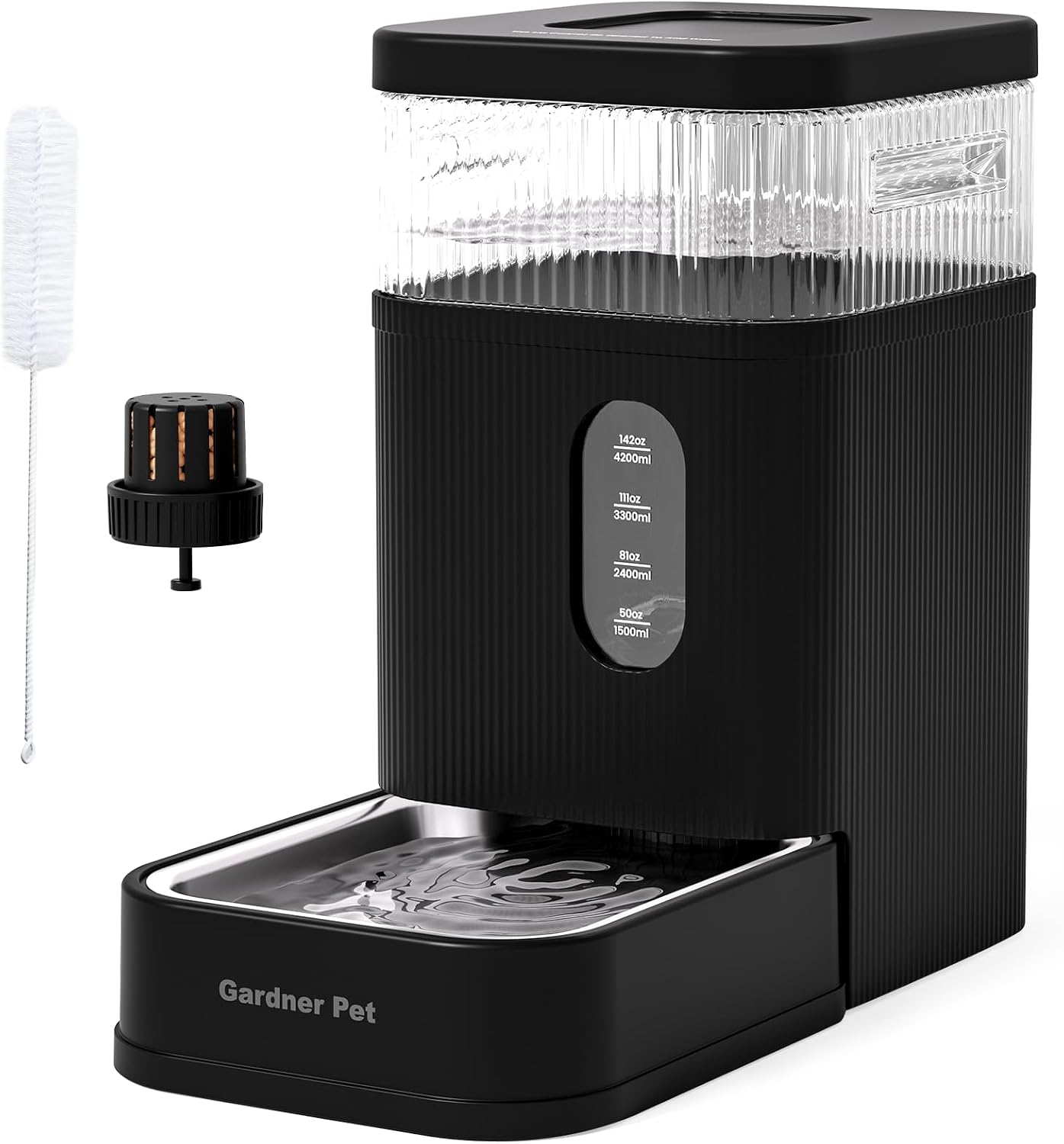 Gardner Pet electricity free gravity waterer showing the Maifan stone filter cartridge placement.