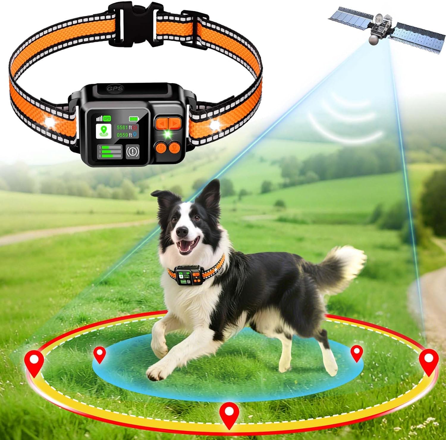 DJNFGQ GPS wireless dog fence system front view displaying the orange collar strap and digital receiver screen.