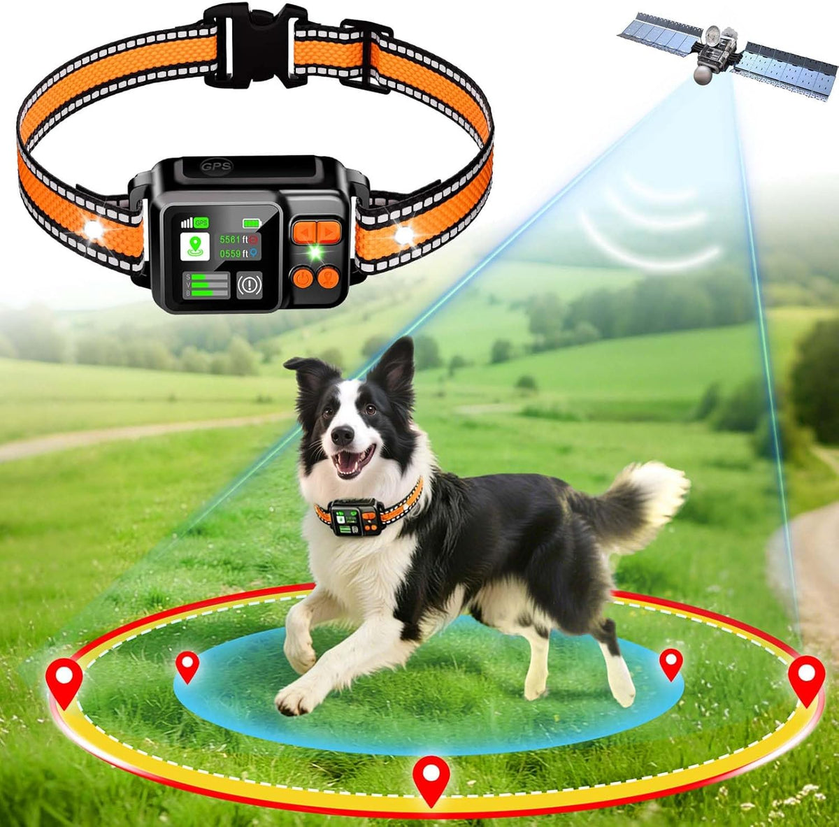 DJNFGQ GPS wireless dog fence system front view displaying the orange collar strap and digital receiver screen.