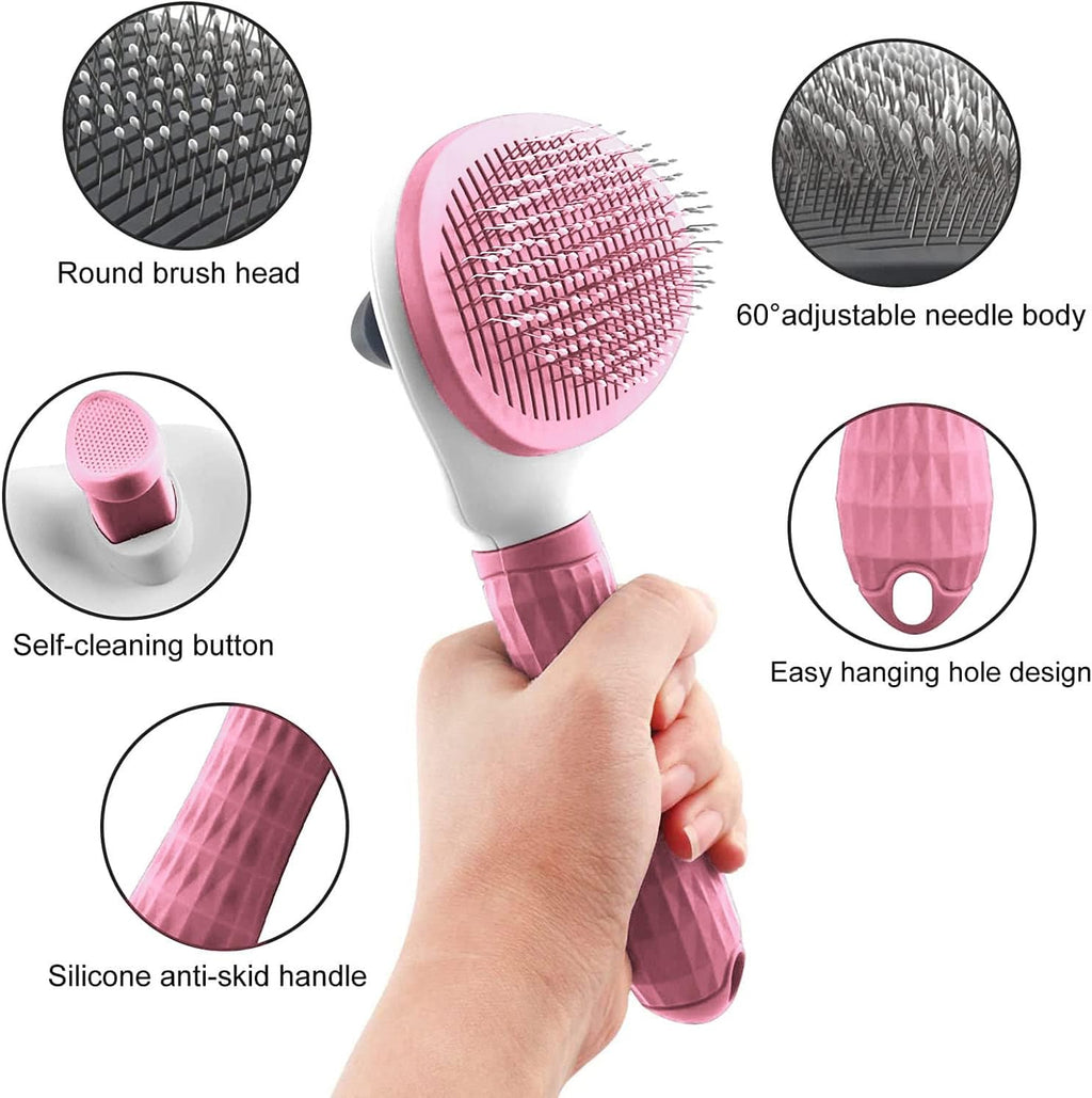 Leash grooming brush with self-cleaning button engaged