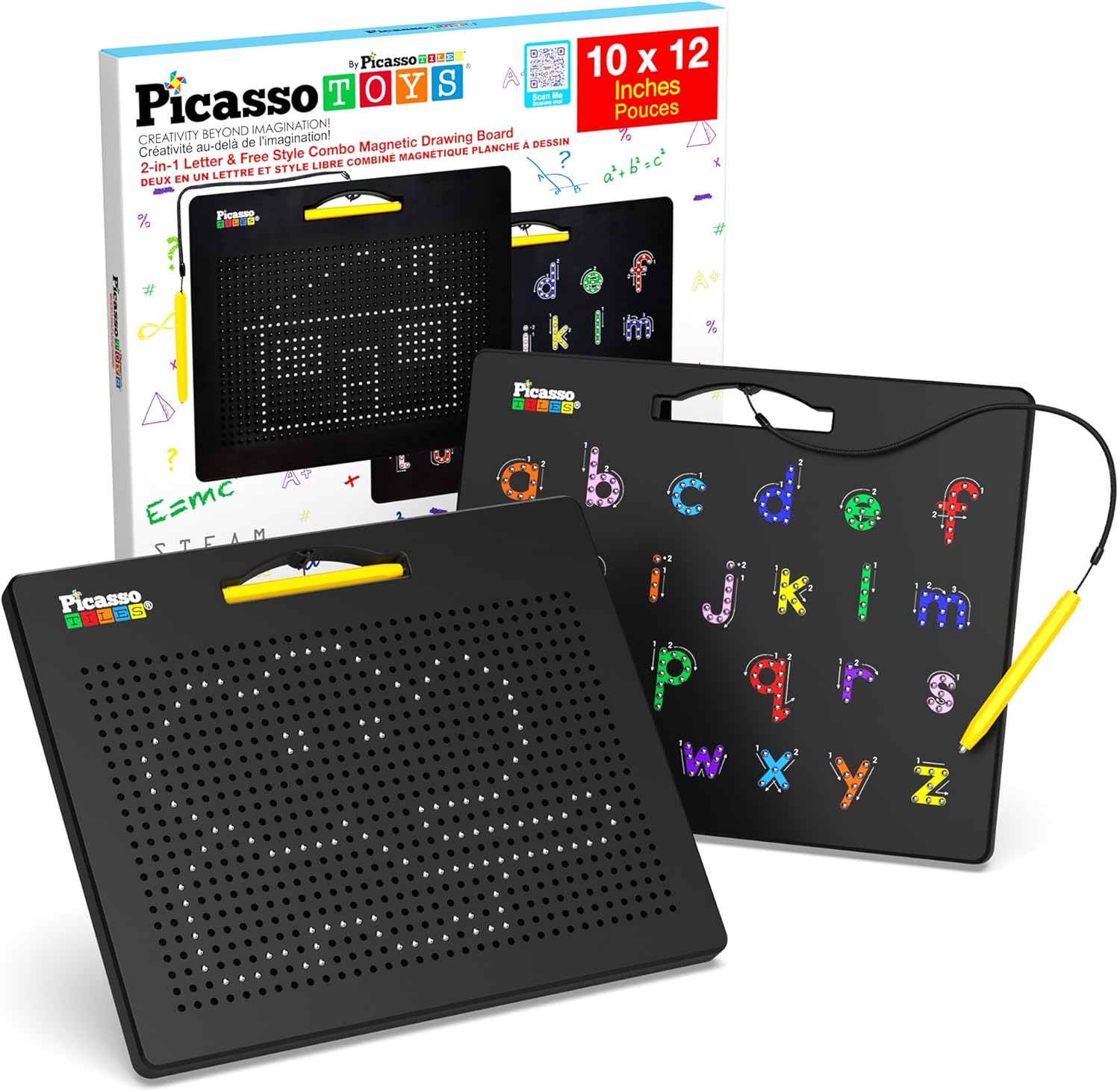 PicassoTiles 2-in-1 magnetic drawing board front view showing the lowercase alphabet tracing side with black stylus pen